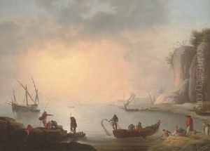 A Mediterranean Coastal Inlet With Fishermen By The Shore, A Port Beyond