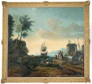 A Mediterranean Coastal Harbour With Shipping And Figures On Thebank
