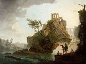 Anglers In A Mountainous River Landscape, A View Of A Ruin On A Hill Top Beyond by Claude-joseph Vernet