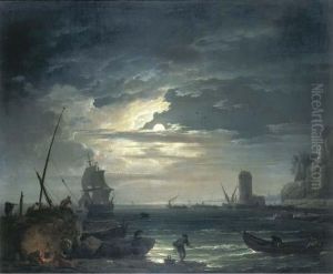 A Mediterranean Inlet By 
Moonlight With Fisherfolk Cooking By Arock, A Three-master About To Drop
 Anchor And A Tower Beyond