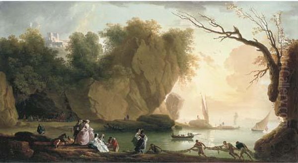 A Coastal Landscape With Elegant Figures And Fishermen, A Fortressand Shipping Beyond - view 1