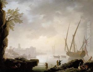 A Coastal Landscape With A
Harbour In The Early Morning, Fishermen And Other Figures Warming
Themselves In The Foreground, A Fortified Port Beyond by Claude-joseph Vernet