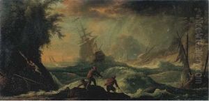 Burrasca Con Naufraghi Sugli 
Scogli; E Porto Con Marinai Sulla Banchina E Faro In Lontananza