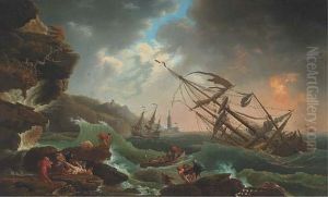 A Mediterranean Coast With A Shipwreck In Stormy Seas, Castaways Inthe Foreground by Claude-joseph Vernet