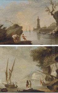 A Mediterranean Coastal Inlet
With Fishermen And A Lighthouse; Anda Mediterranean Coastal Inlet With
Shipping by Claude-joseph Vernet
