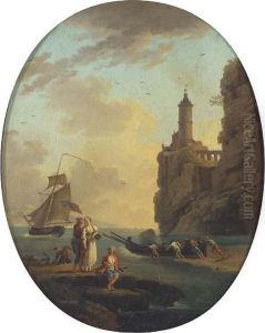 A Rocky Coastal Landscape With Figures On The Shore