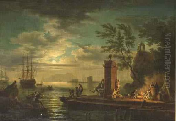 A Moonlit Bay With Shipping And Figures On The Banks In Theforeground - view 1
