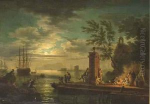 A Moonlit Bay With Shipping And Figures On The Banks In Theforeground A Moonlit Bay With Shipping And Figures On The Banks In Theforeground