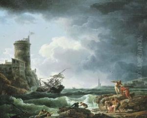 A Storm With A Shipwreck By A Fortress, A Castaway In Theforeground by Claude-joseph Vernet