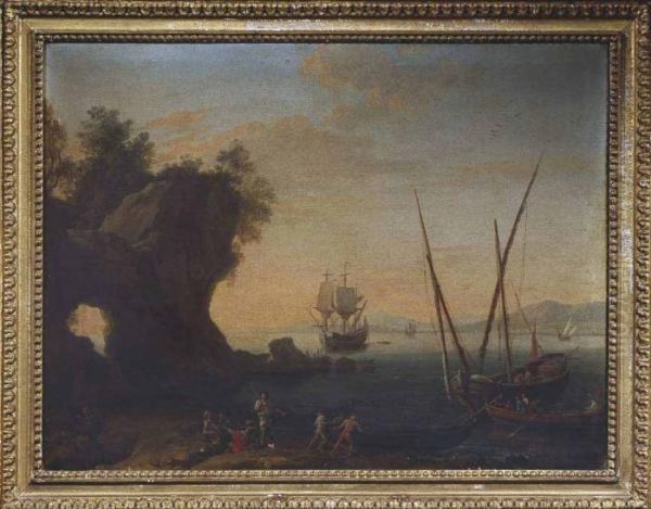 Veduta Di Porto Con Torre, Velieri E Pescatori Marina Con Rupe, Velieri E Pescatori - view 1