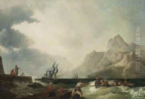 A Southern Harbour Scene With
Shipping In Stormy Waters, Fishermen In A Rowing Boat And Other Figures
On The Quay, Mountains Beyond by Claude-joseph Vernet