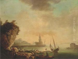 A Mediterranean Harbour At Sunset With Stevedores On The Quay