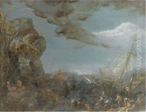 Fishermen Unloading A Shipwrecked Three-master, Shipping In Stormyseas Beyond by Claude-joseph Vernet