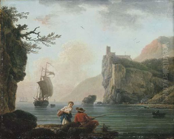 A Rocky Coastal Landscape With A Fisherman Talking To A Peasantgirl - view 1