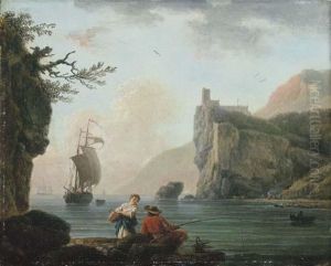 A Rocky Coastal Landscape With A Fisherman Talking To A Peasantgirl