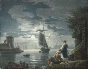 A Rocky Harbour By Moonlight With A Peasant Couple Conversing Inthe Foreground