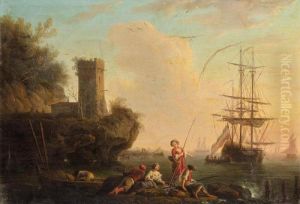 A Mediterranean Coastal Scene With Figures Fishing, A Dutch Ship At Anchor Beyond