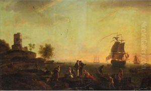 A Mediterranean Harbour Scene At
 Dusk With Figures On The Shore, A British Ship At Anchor Beyond