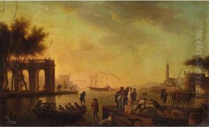 A Mediterranean Harbour Scene 
With Figures In Turkish Dress And A Classical Loggia Beyond