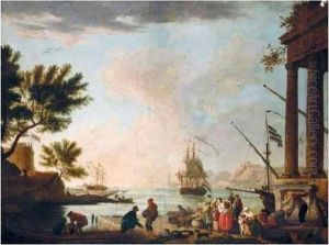 A Southern Harbour Scene With Figures Loading A Boat In The Foreground