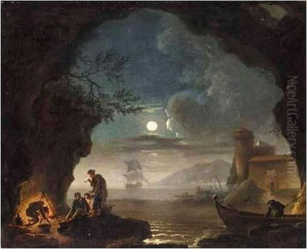 A Moonlit Coastal Landscape With Figures Cooking Over A Fire In The Foreground - view 1