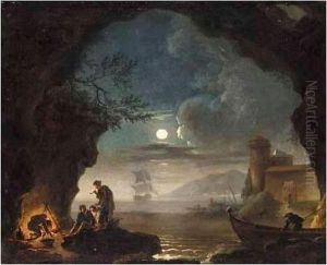 A Moonlit Coastal Landscape With Figures Cooking Over A Fire In The Foreground