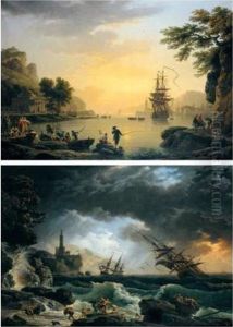 ````````calme': A Landscape At Sunset, With Fishermen Returning With Their Catch by Claude-joseph Vernet