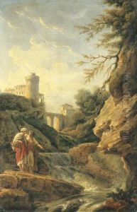Two Female Peasants By A Waterfall, A Town And Aqueduct Beyond by Claude-joseph Vernet