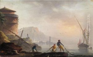 A Mediterranean Coastal Landscape With Fishermen Tending Their Nets by Claude-joseph Vernet