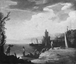 Figures On A Shore With Mediterranean Harbour Beyond by Claude-joseph Vernet