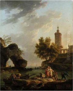 A Mediterranean Harbour With Fishermen Landing Nets (````le Rocher Perce') by Claude-joseph Vernet
