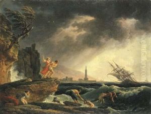 A Stormy Coastal Seascape With Survivors From A Shipwreck On A Rocky Outcrop by Claude-joseph Vernet