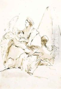 The Rest on the Flight into Egypt, with angels and a pyramid