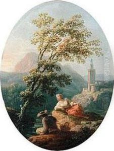 River Landscape With A Man And Woman Fishing, A Church Beyond by Claude-joseph Vernet