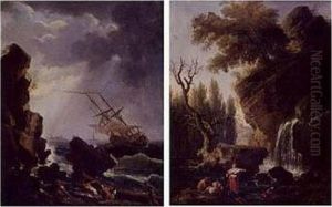 A Ship On A Stormy Sea And A View Of A Waterfall: A Pair Of Paintings by Claude-joseph Vernet