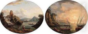 A Mediterranean Coastal Scene With Fishermen At Sunset by Claude-joseph Vernet