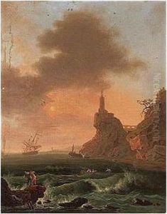 A Rocky Coastal Landscape At Sunset With Fishermen On Choppy Seas by Claude-joseph Vernet