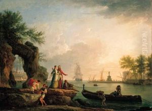 A Mediterranean Port At Sunset
With A Levantine Couple On An Outcrop And Fishermen Unloading Their
Catch by Claude-joseph Vernet