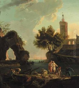 Fishermen Unloading Cargo On A 
Landing Stage In A Mediterranean Harbour, A Lighthouse Beyond