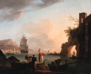 La Peche Heureuse: A
Mediterranean Coast At Sunset With Fisherfolk Unloading A Catch Near A
Natural Arch, A Frigate Offshore, And A City Beyond by Claude-joseph Vernet
