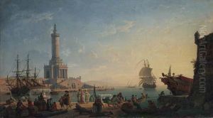 A Mediterranean Harbour At 
Sunset With Fisherfolk And Merchants Ona Quay, A Lighthouse Beyond