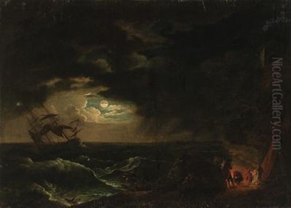 A Stormy Moonlit Seascape With Fishermen Before A Campfire - view 1