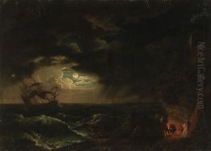A Stormy Moonlit Seascape With Fishermen Before A Campfire