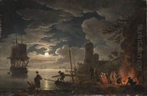 A Moonlit Harbor Scene With A Fisherman And Figures Seated Around Afire, Shipping Beyond