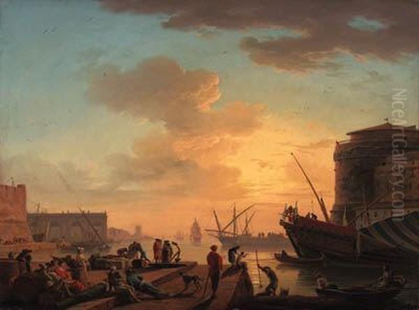 Le Soir: A Mediterranean Harbour
 At Sunset With Fisherfolk Andmerchants On A Quay; And Clair De Lune: A 
Mediterranean Harbour Bymoonlight With Fisherfolk By A Fire On The 
Shore, A Natural Archbeyond - view 1
