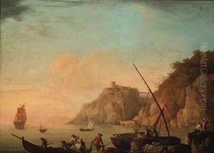 A Mediterranean Coastline With Fisherfolk On The Shore
