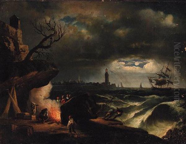 A Moonlit Coastline With A Yacht
In A Storm Near A Lighthouse Andfisherfolk Around A Fire In The
Foreground - view 1