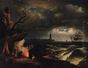 A Moonlit Coastline With A Yacht
 In A Storm Near A Lighthouse Andfisherfolk Around A Fire In The 
Foreground