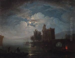 Fisherfolk On The Shore Of A Lake By Moonlight, A Castlebeyond by Claude-joseph Vernet