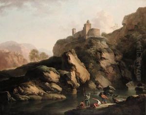 A Mountain River Landscape, With
 Fishermen Pulling In Their Net In The Foreground, And A Shepherd With 
His Sheep On The Far Bank, Ahilltop Fort Beyond